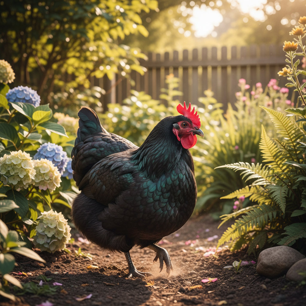 Australorp hen with glossy black plumage in a sunlit garden