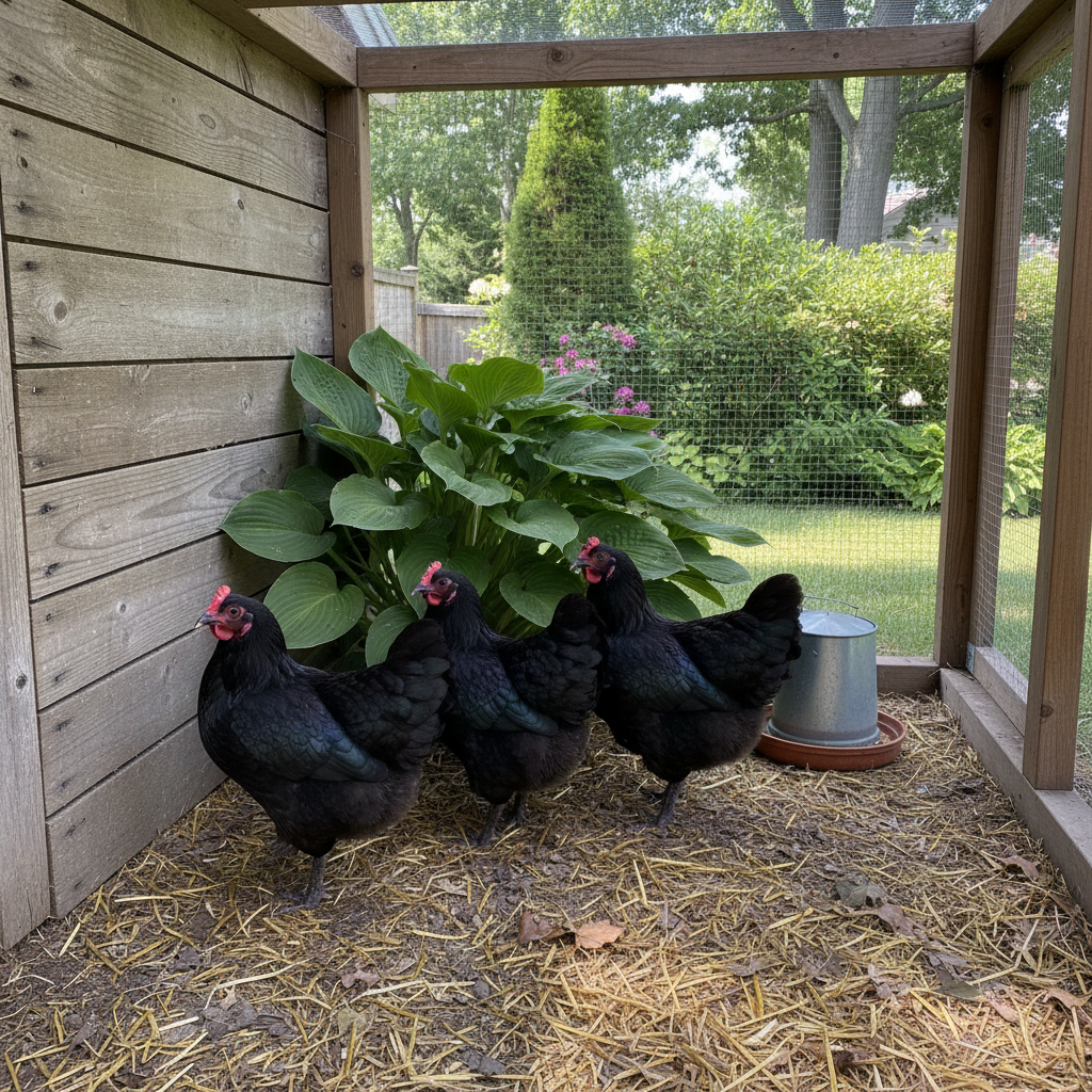 Three Australorps enjoying a shaded area in a backyard coop