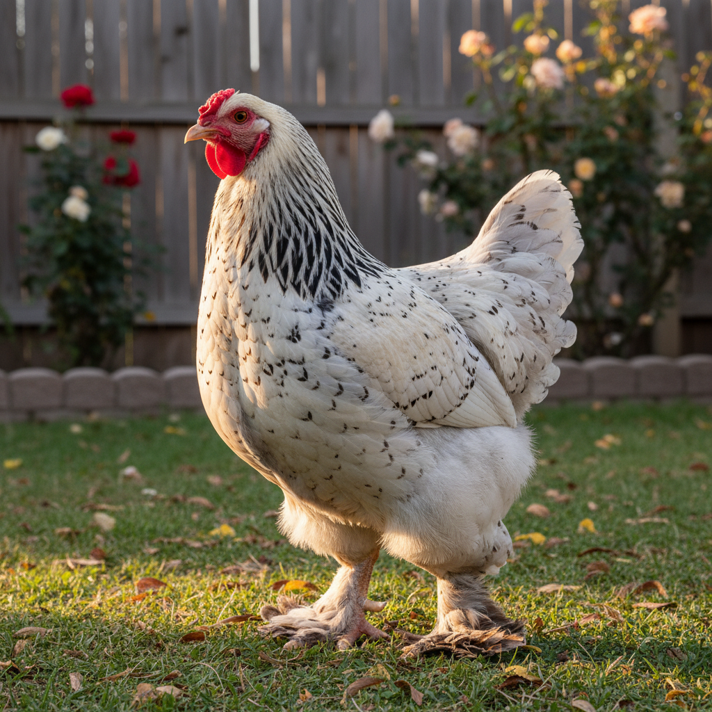 Close-up of a Brahma chicken with feathered legs