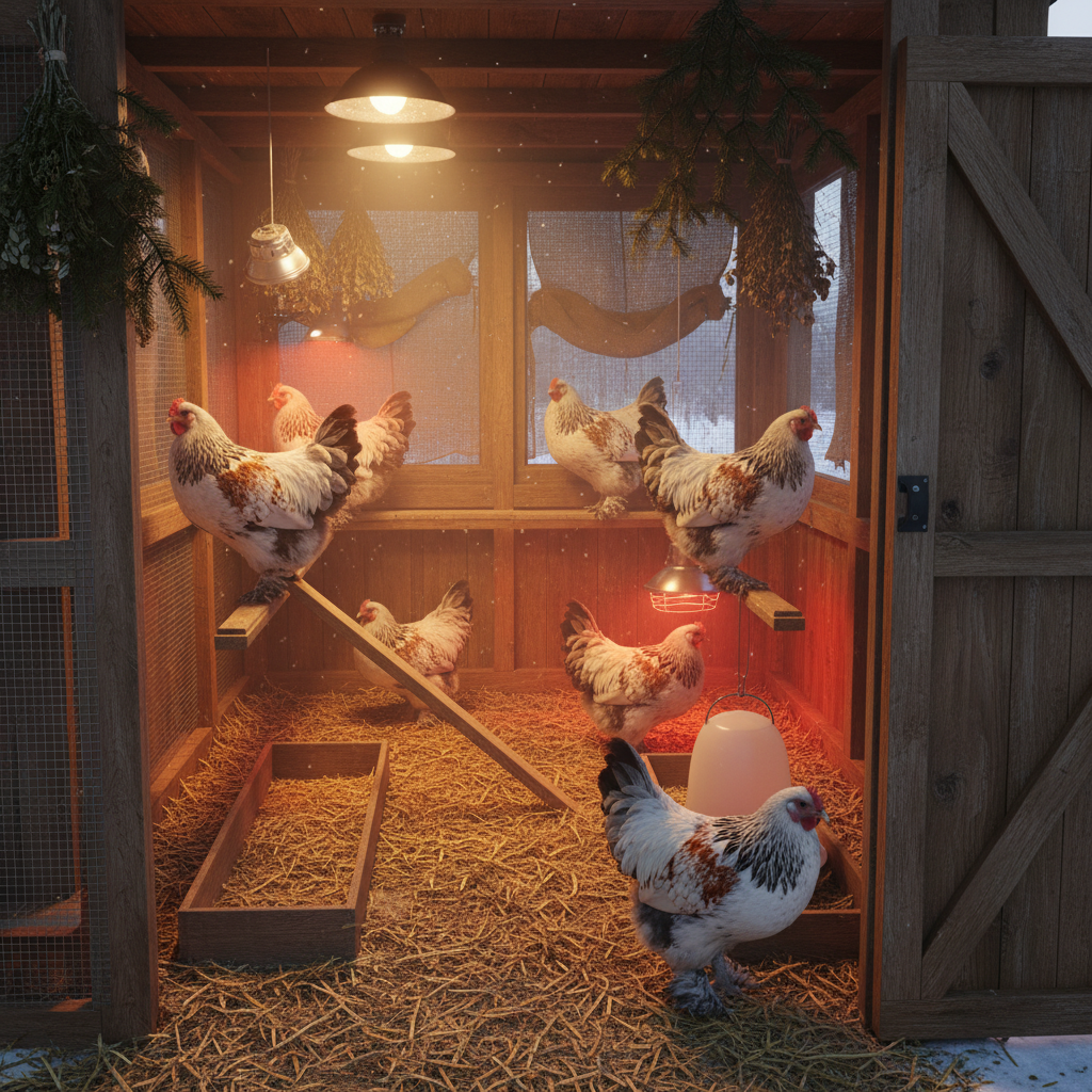 Brahma hens in a cozy winter coop
