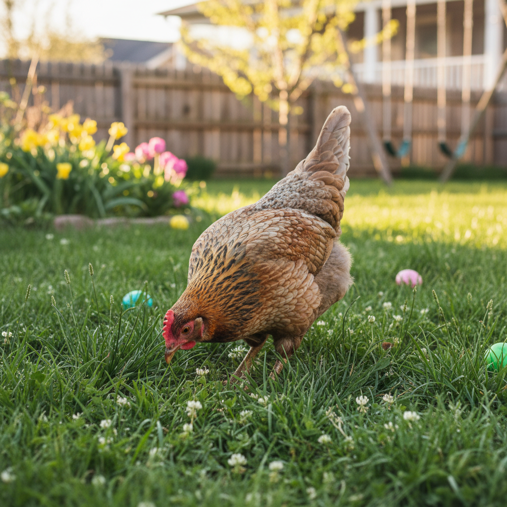 Easter Egger chicken in a grassy backyard