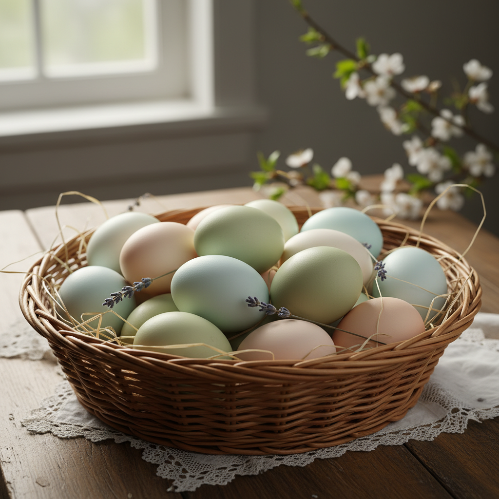 Easter Egger eggs in a basket with different colors