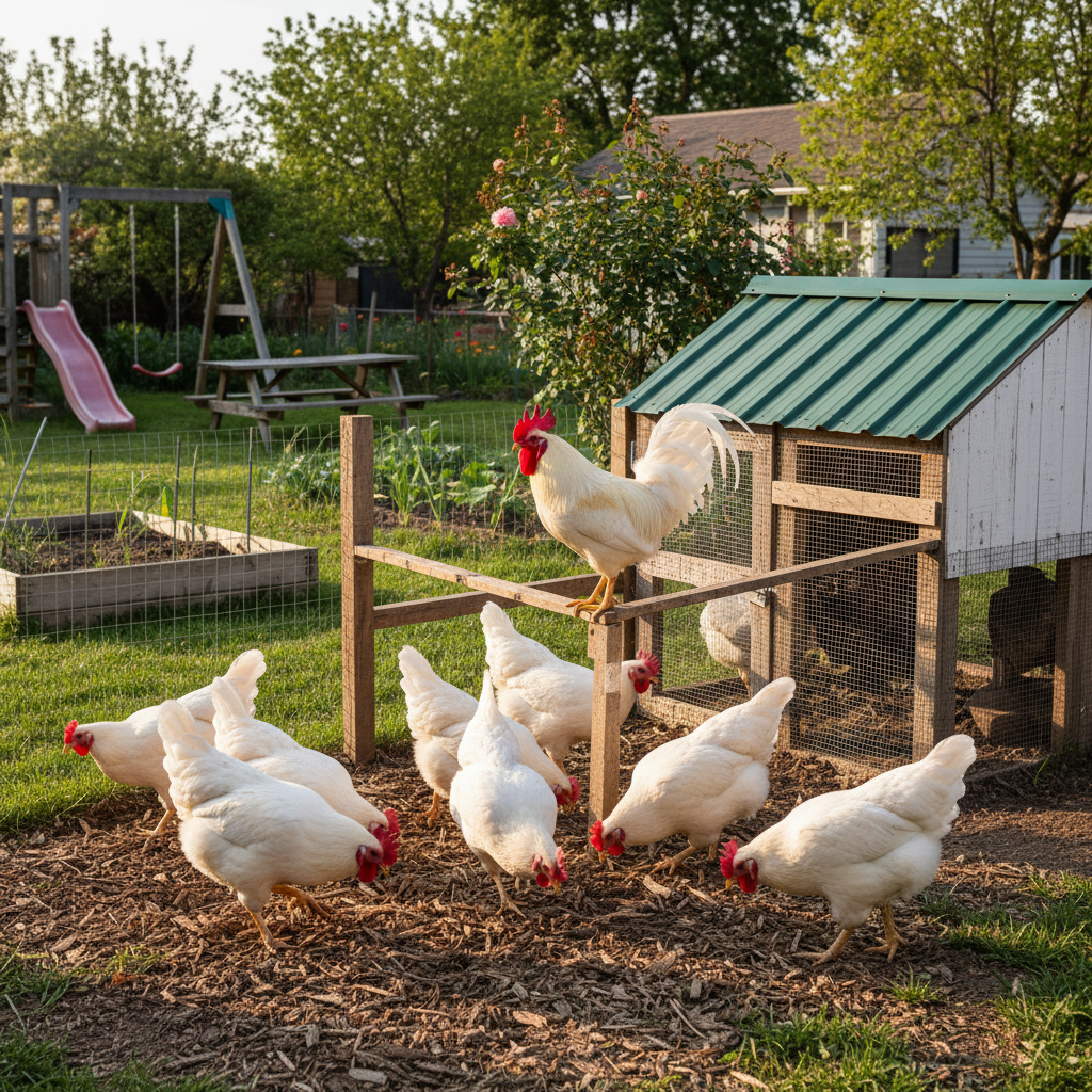 Leghorn chickens in a backyard setting