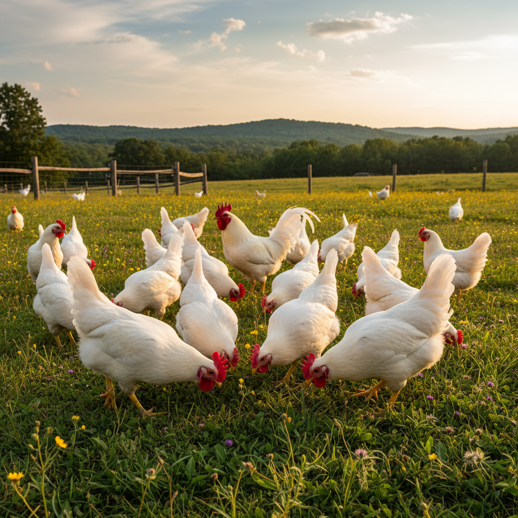 Free-ranging Leghorns exploring a field