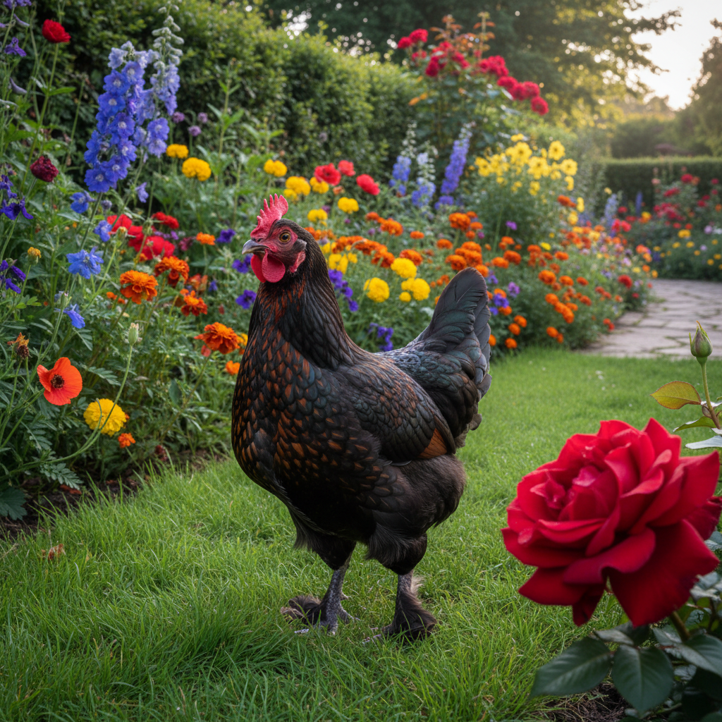 Marans chicken in a garden