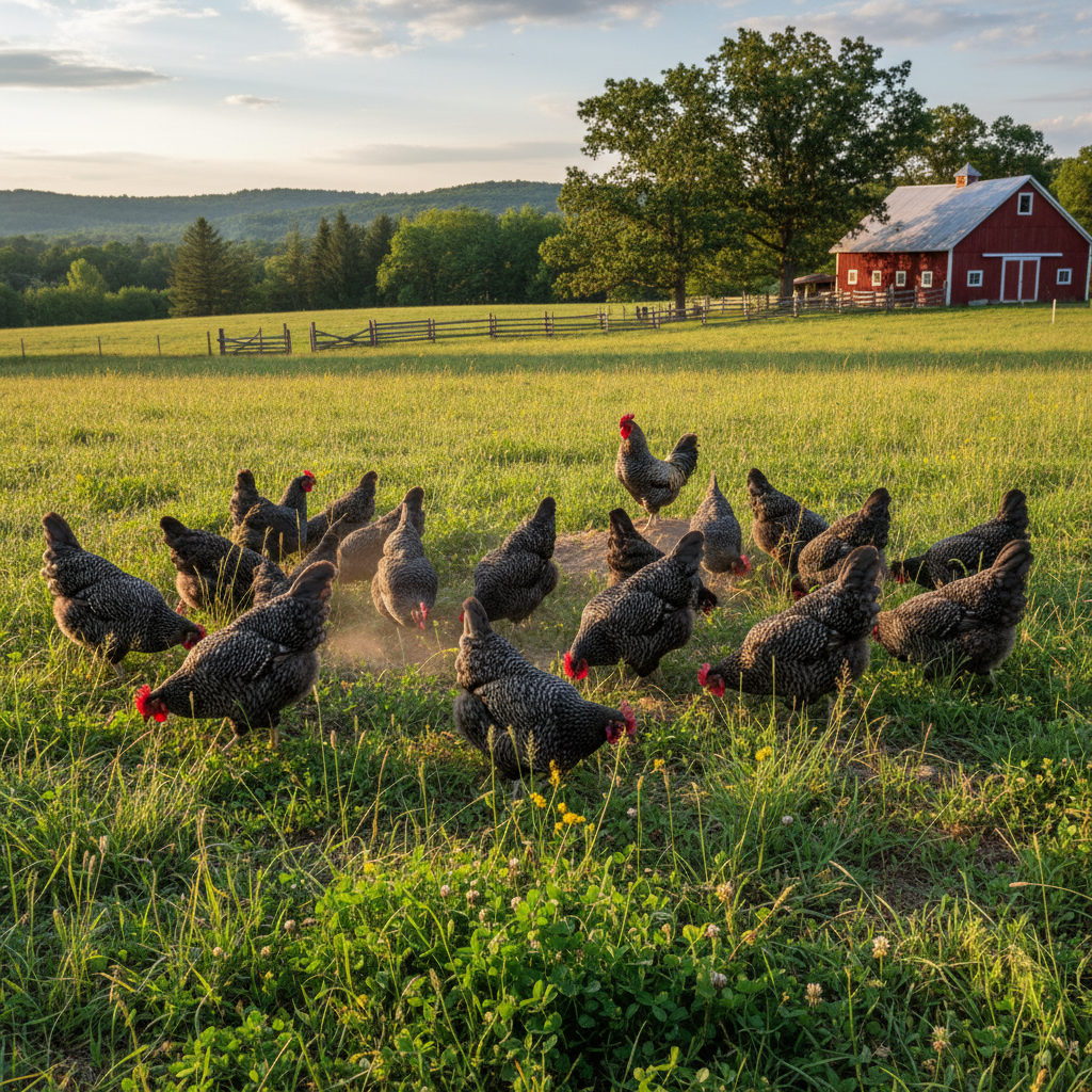 A flock of Barred Rock chickens foraging in a grassy field