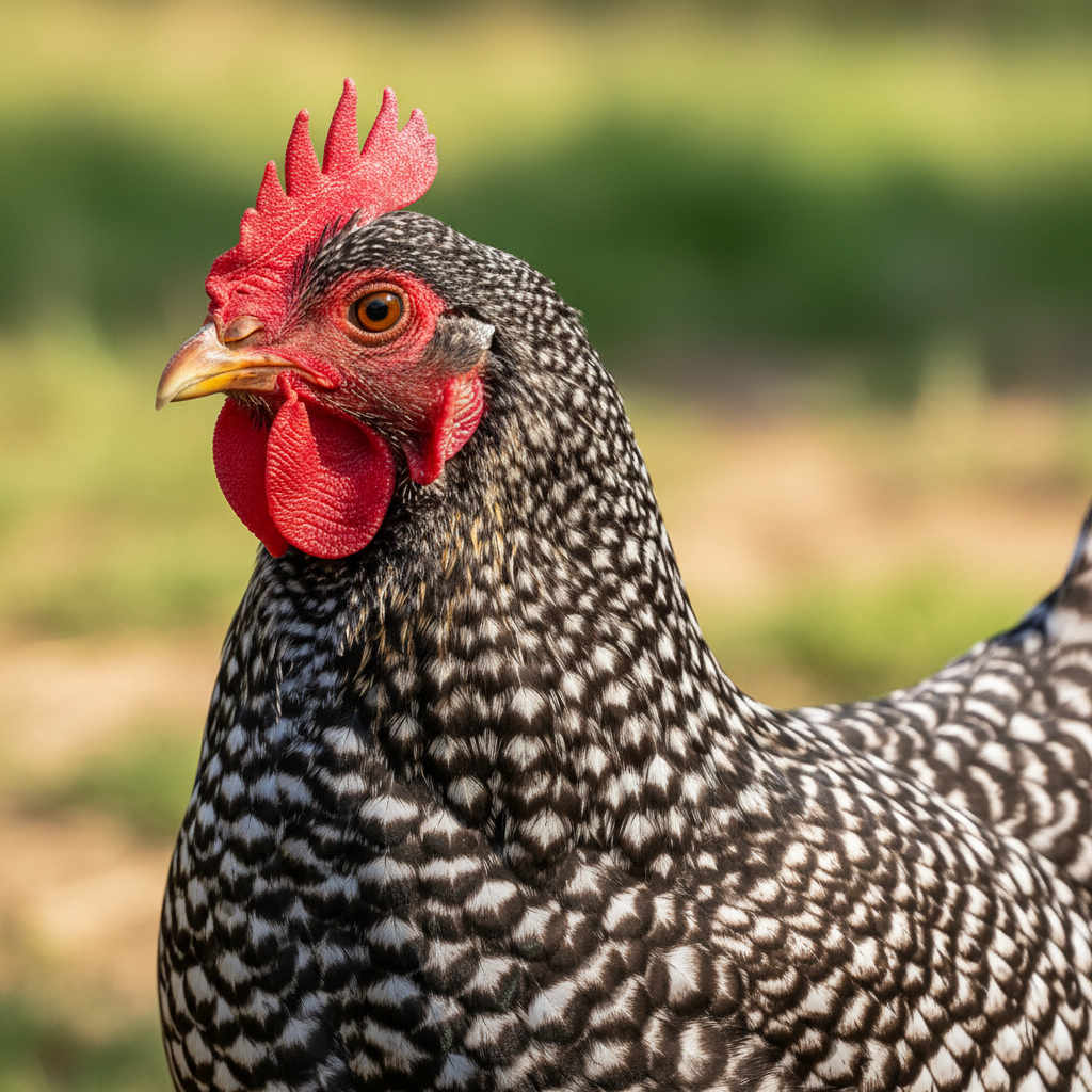 Close-up of a Barred Rock hen with distinctive plumage