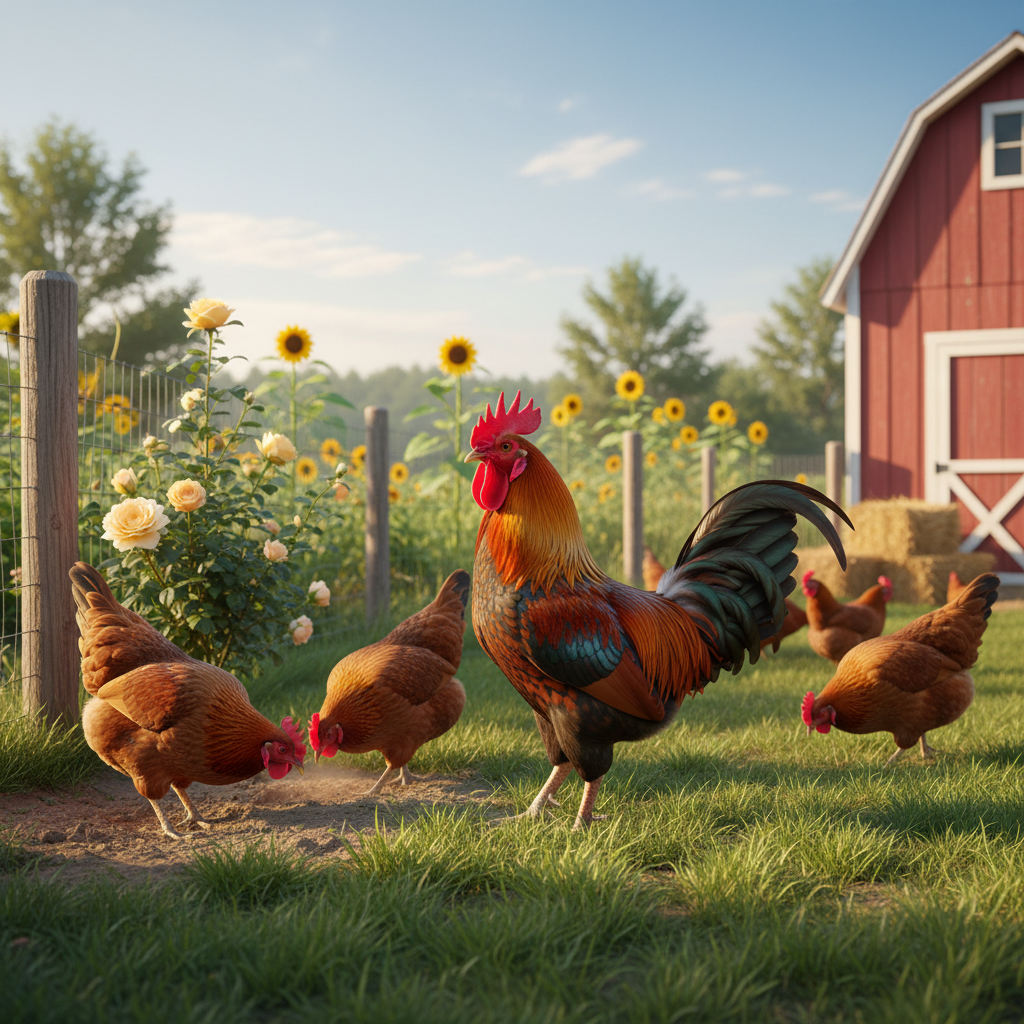 Rhode Island Red rooster and hens in a sunny backyard