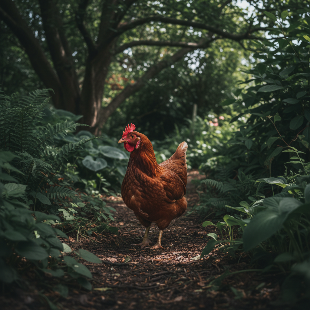 Rhode Island Red hen in a shaded area