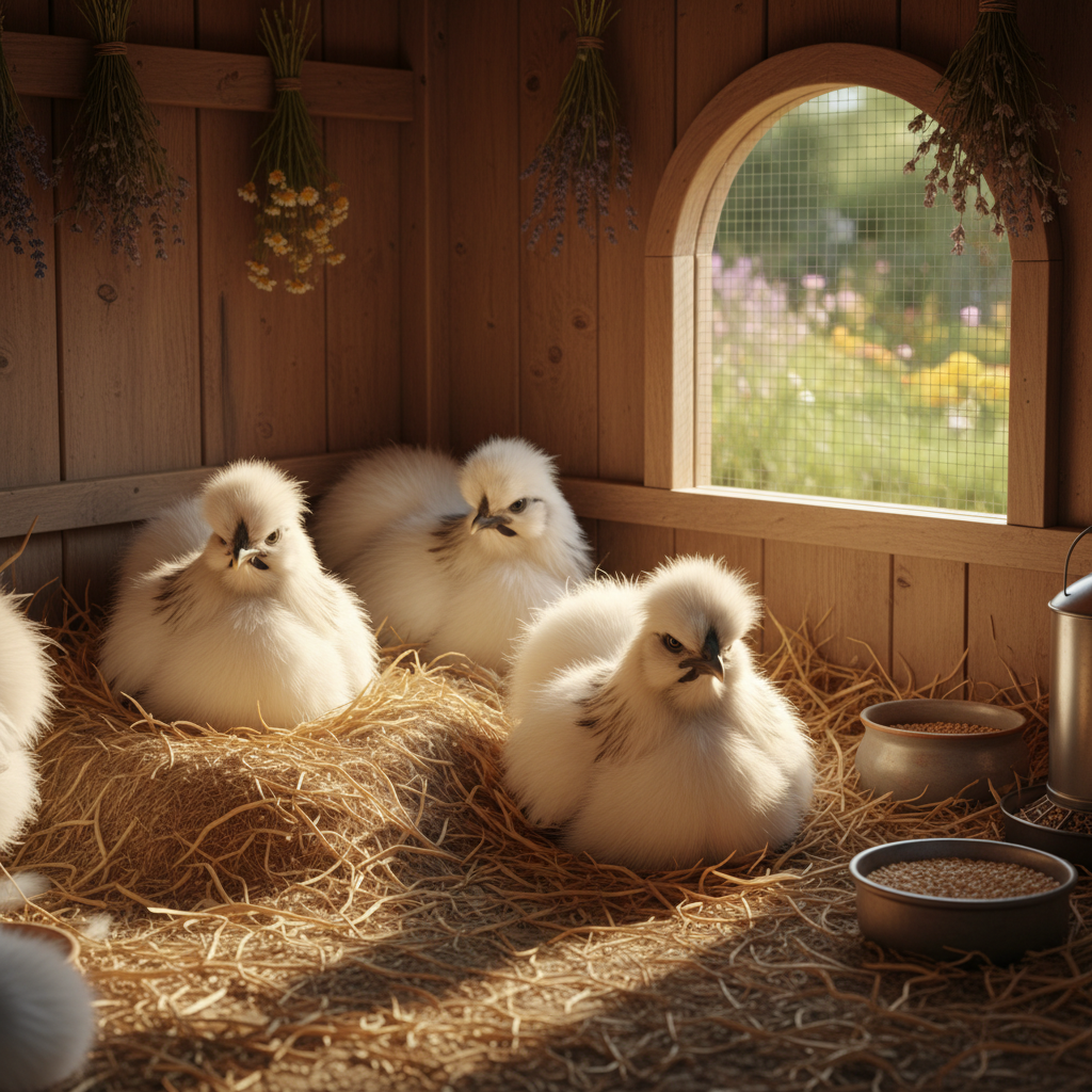 Silkie chickens in a cozy coop