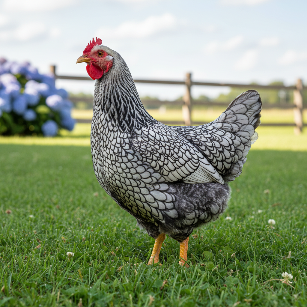 A Wyandotte chicken with laced plumage standing on lush grass