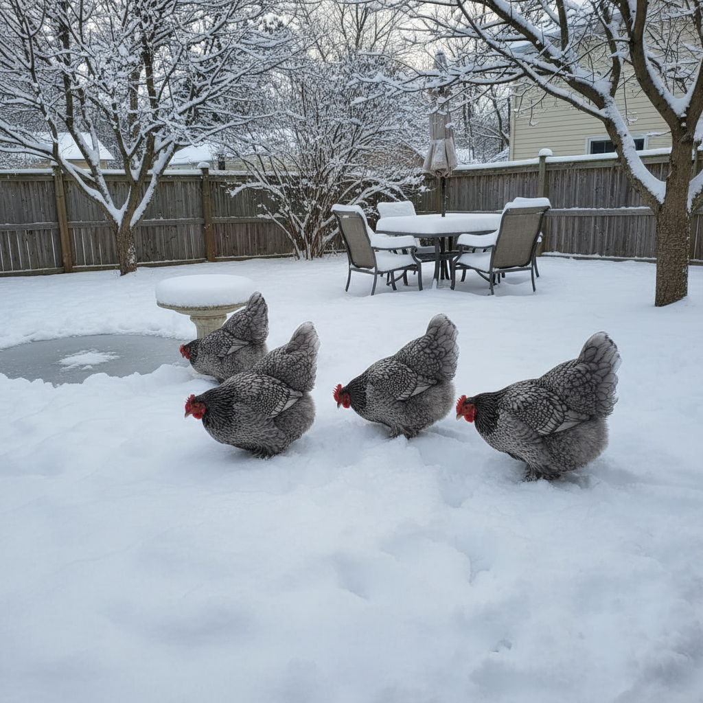 Wyandotte hens exploring a snowy backyard