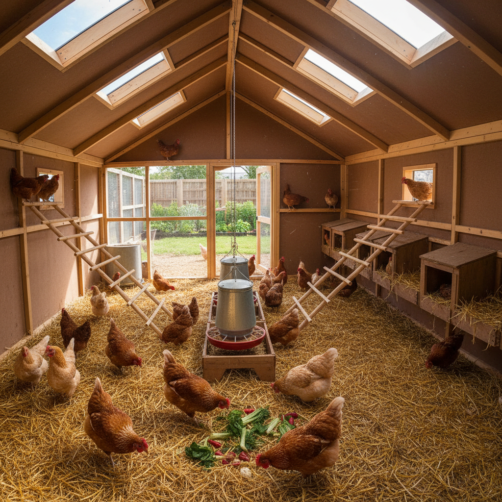 Chickens enjoying spacious coop interior