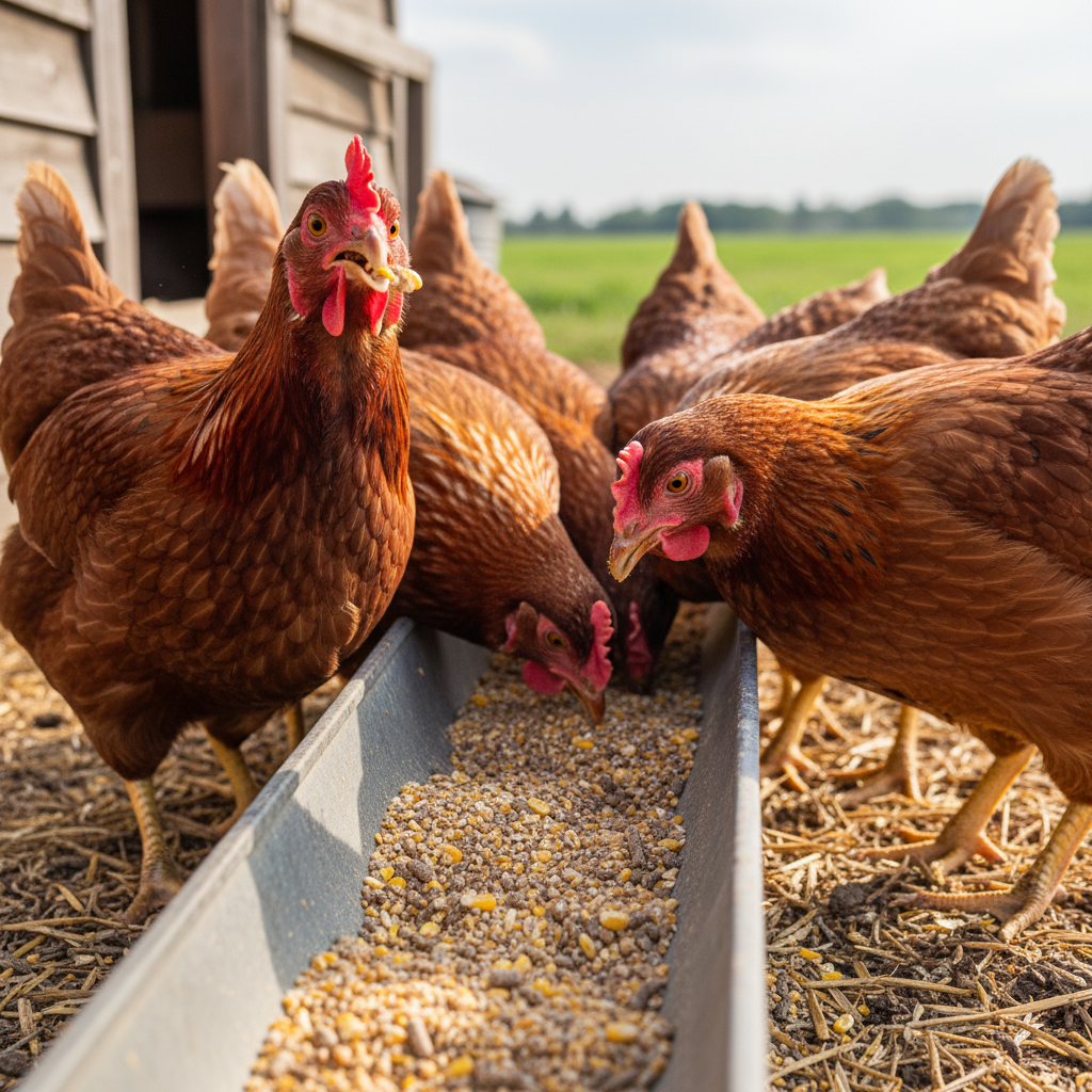 Hens eating layer feed