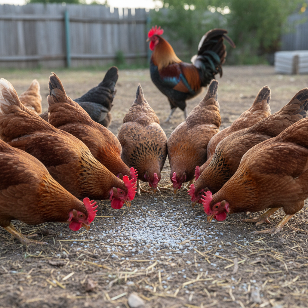 chickens pecking at grit