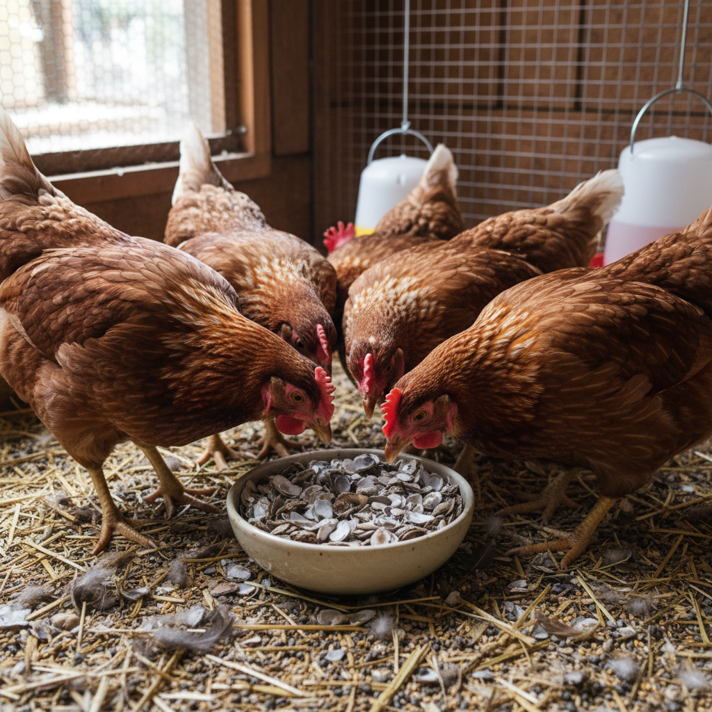 chickens with oyster shell feeder