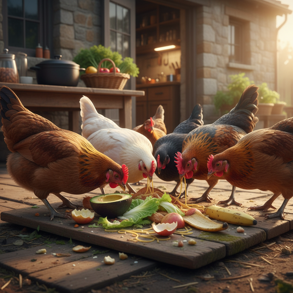 Chickens enjoying kitchen scraps