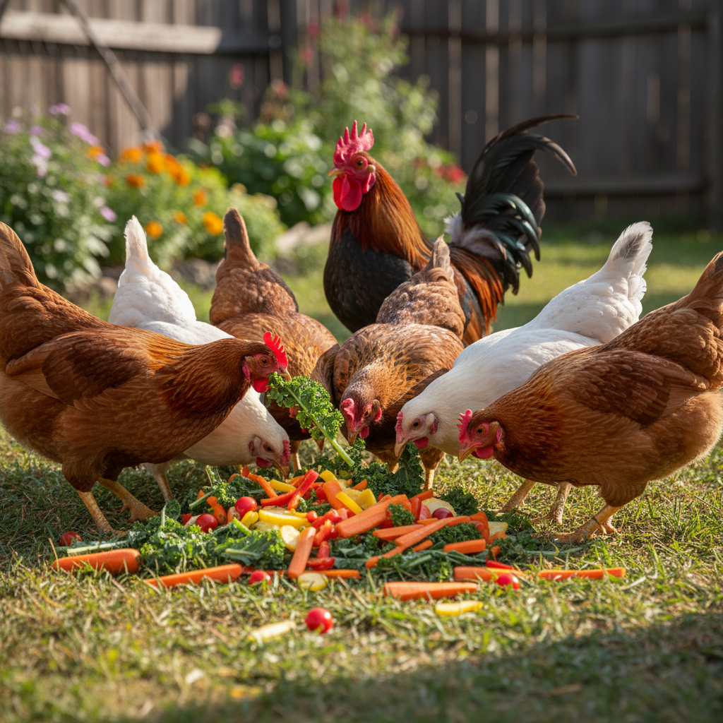 Chickens eagerly pecking at fresh vegetables