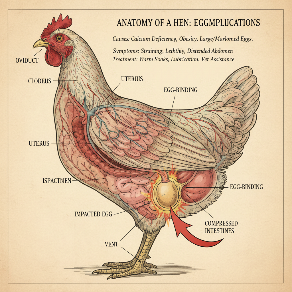 Diagram of hen anatomy showing egg binding
