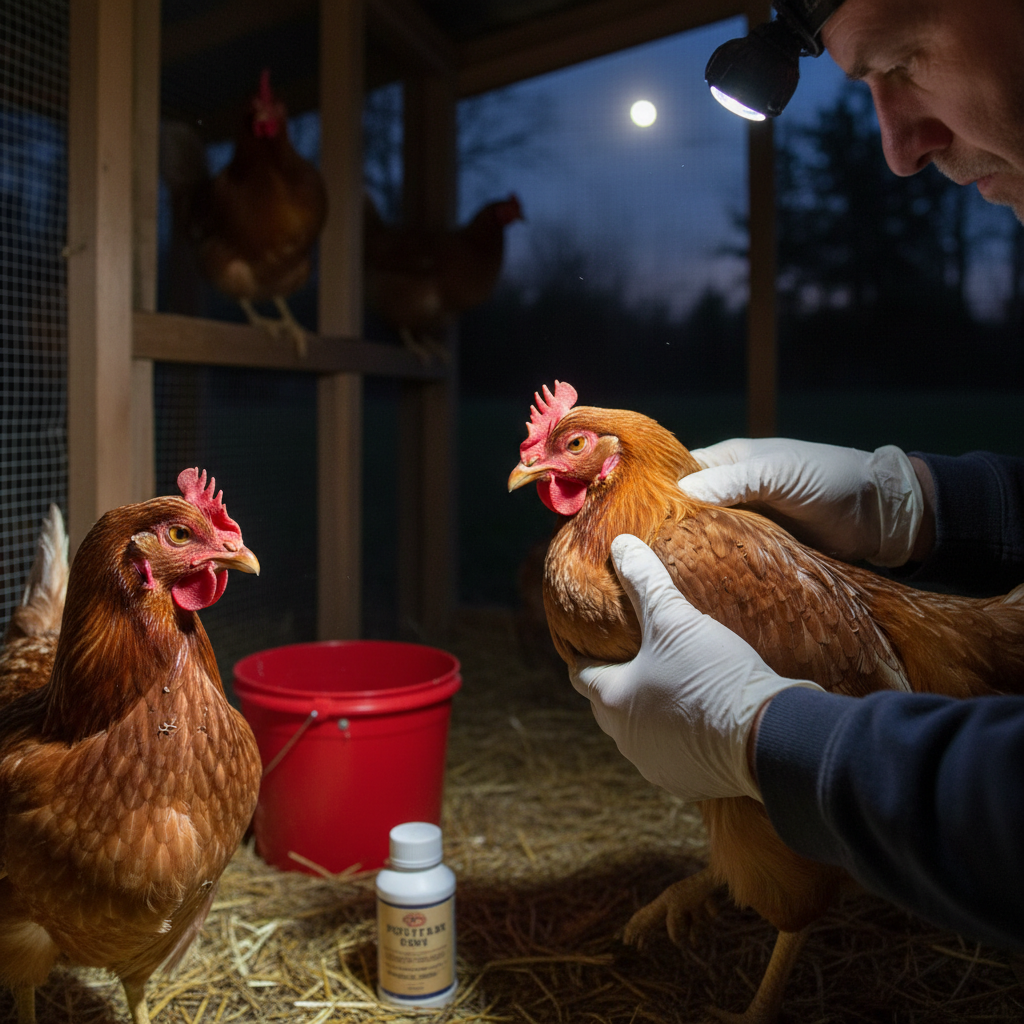 Checking chickens for mites at night