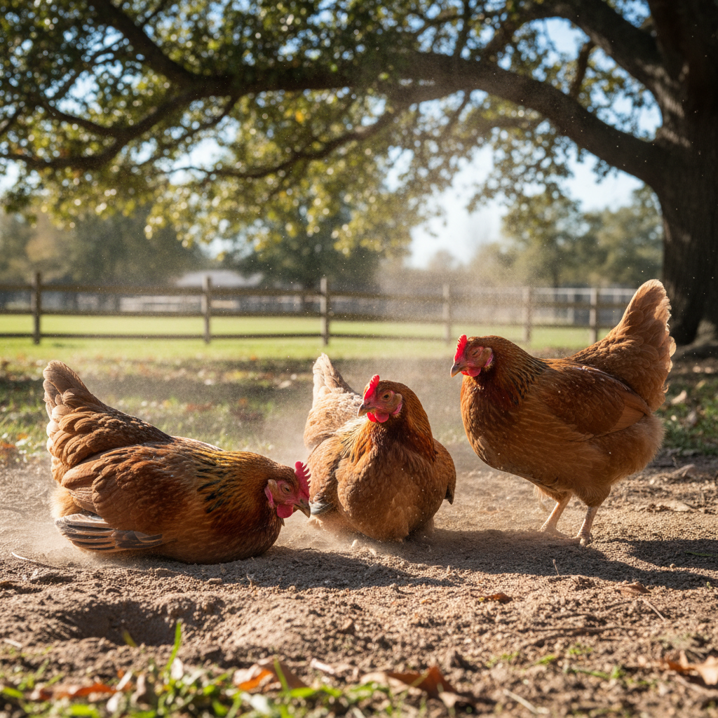 Chickens dust bathing