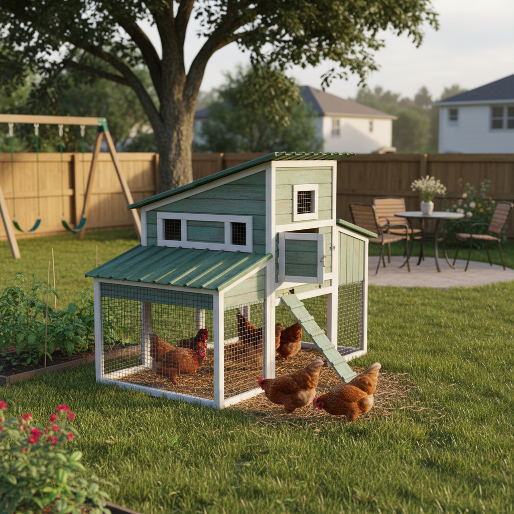 Chicken coop in backyard setting