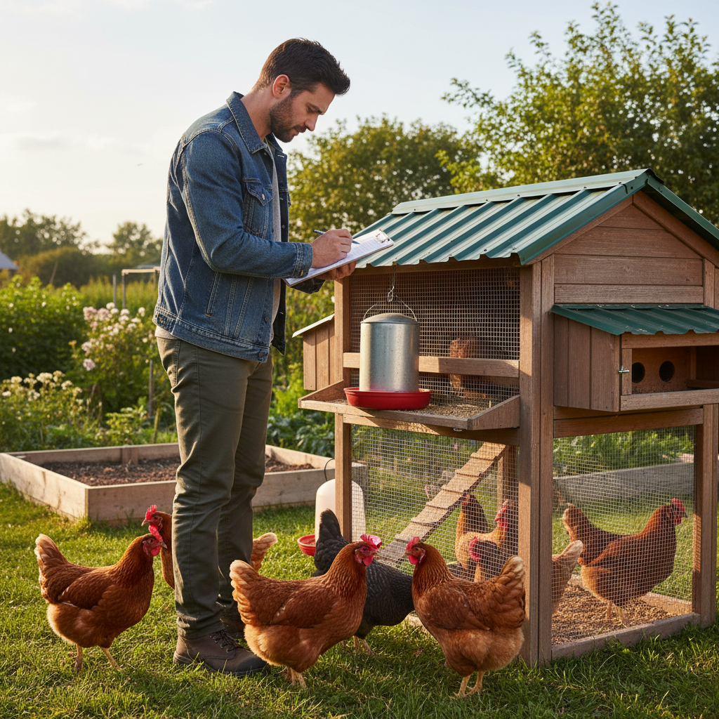 Person inspecting backyard chicken coop with checklist