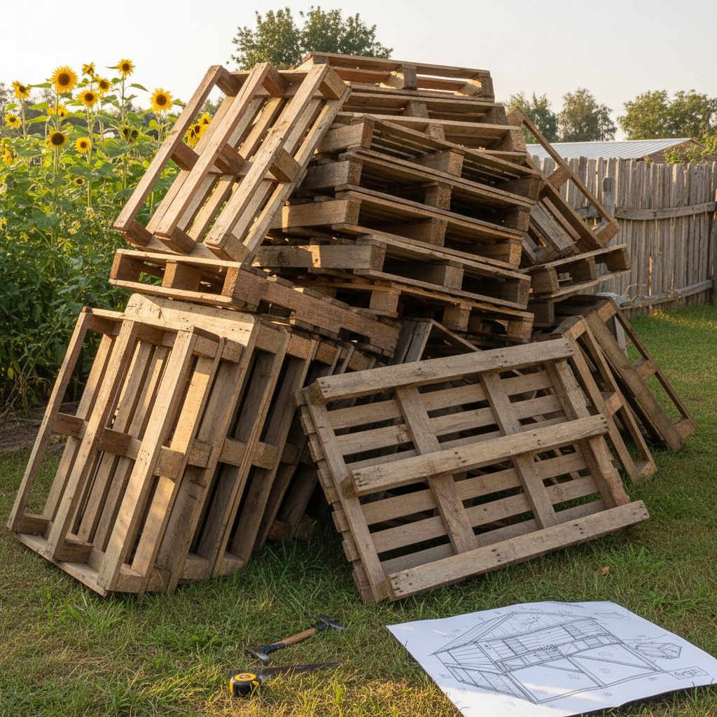 Pile of wooden pallets ready for repurposing into a chicken coop