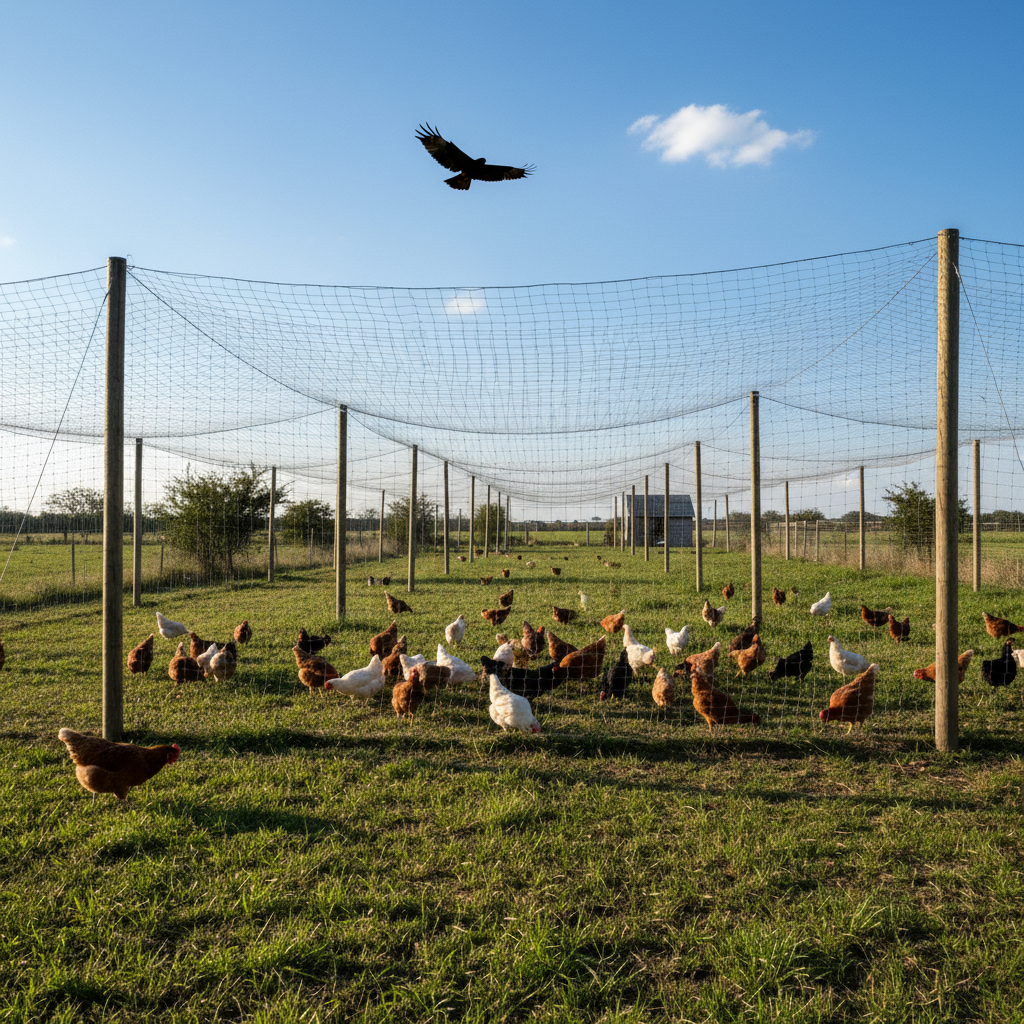 Chickens under protective netting