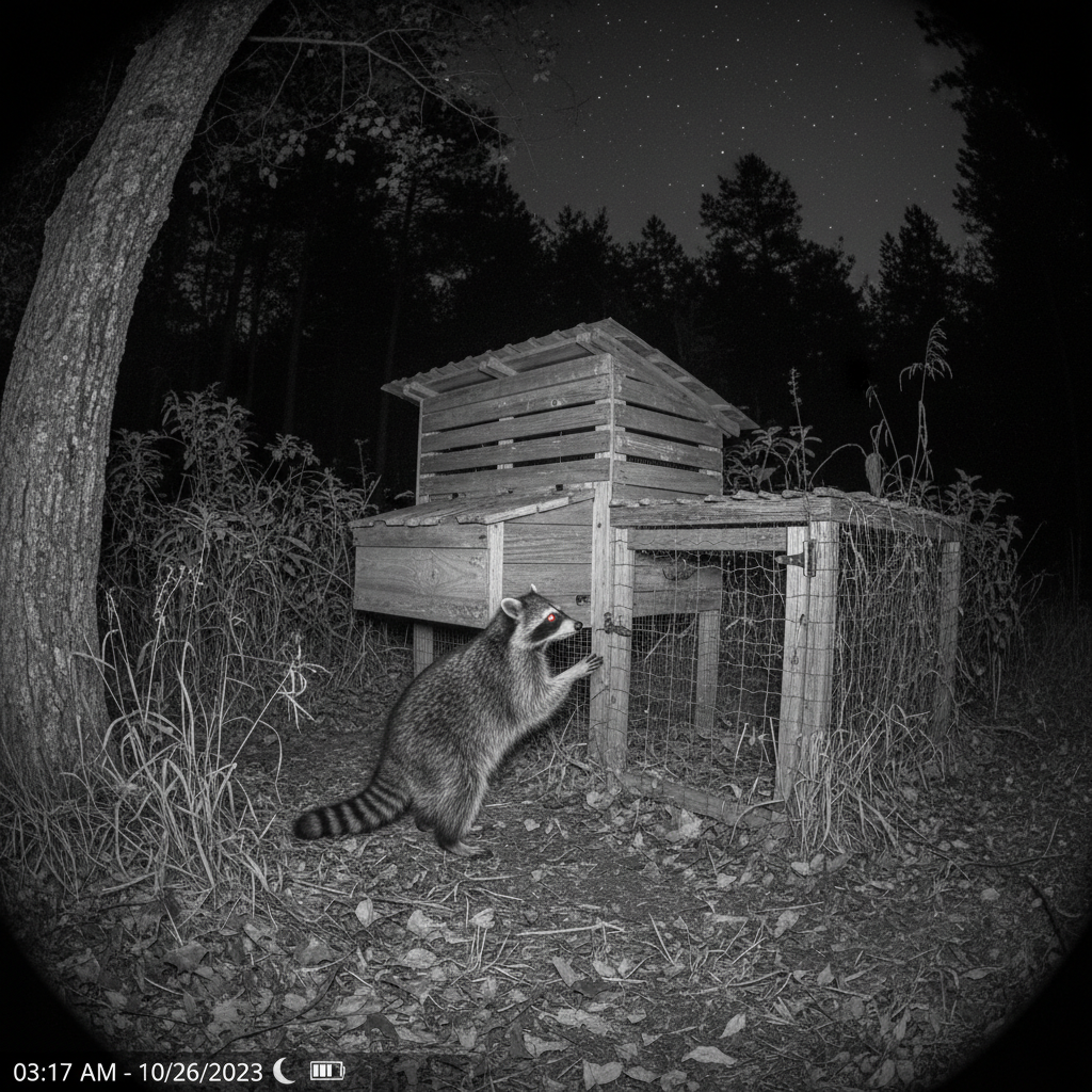 Trail camera catching a raccoon at night near a chicken coop