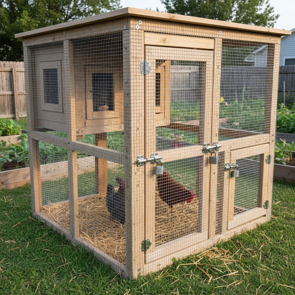 Secured chicken coop with hardware cloth and latches